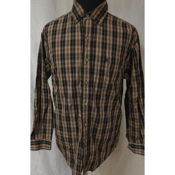 Carhartt Mens Large Black Tan Plaid Button Down Long Sleeve Logo Work Shirt S218 - Picture 1 of 12